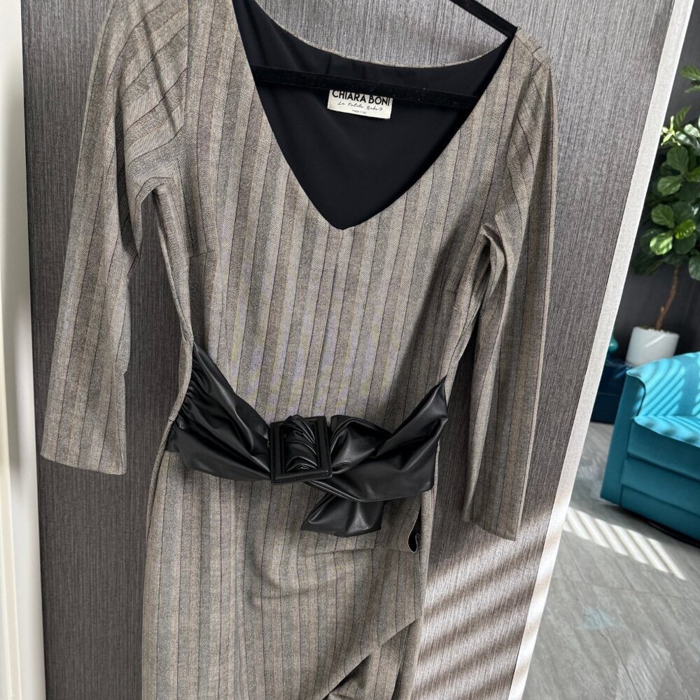 Chiara Boni La Petite Robe Striped Midi Dress with Statement Belt – Made in Ital